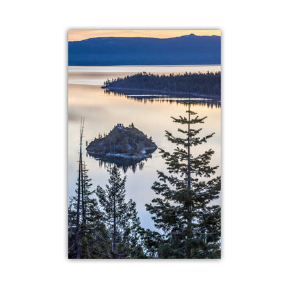Lake Tahoe Photography Art Print with Emerald Bay Sunrise | Ponderosa Pine Tree Silhouette | Vertical Tahoe Wall Decor Gift