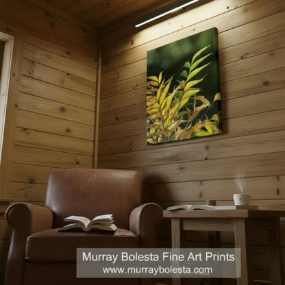 Canvas print of yellow leaves with a dark green background. Botanical Photography Art Print with Elegant Forest Leaves | Madera Canyon AZ by Murray Bolesta
