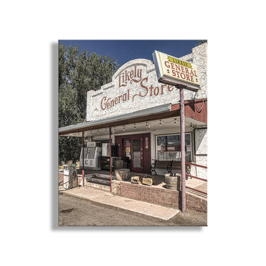Vintage-style photo of a general store named 'Likely General Store' with a sign above the entrance. Beautiful road trip photograph of a real modern-day general store! This is the wonderful, small (really small) town of Likely, California. The gateway to spectacular far northeastern California wilderness mountain adventures! Original, unique signed art by Murray Bolesta