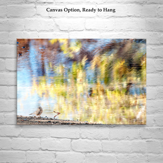 Painterly Art with Little Bird and Water Reflections with Fall Colors