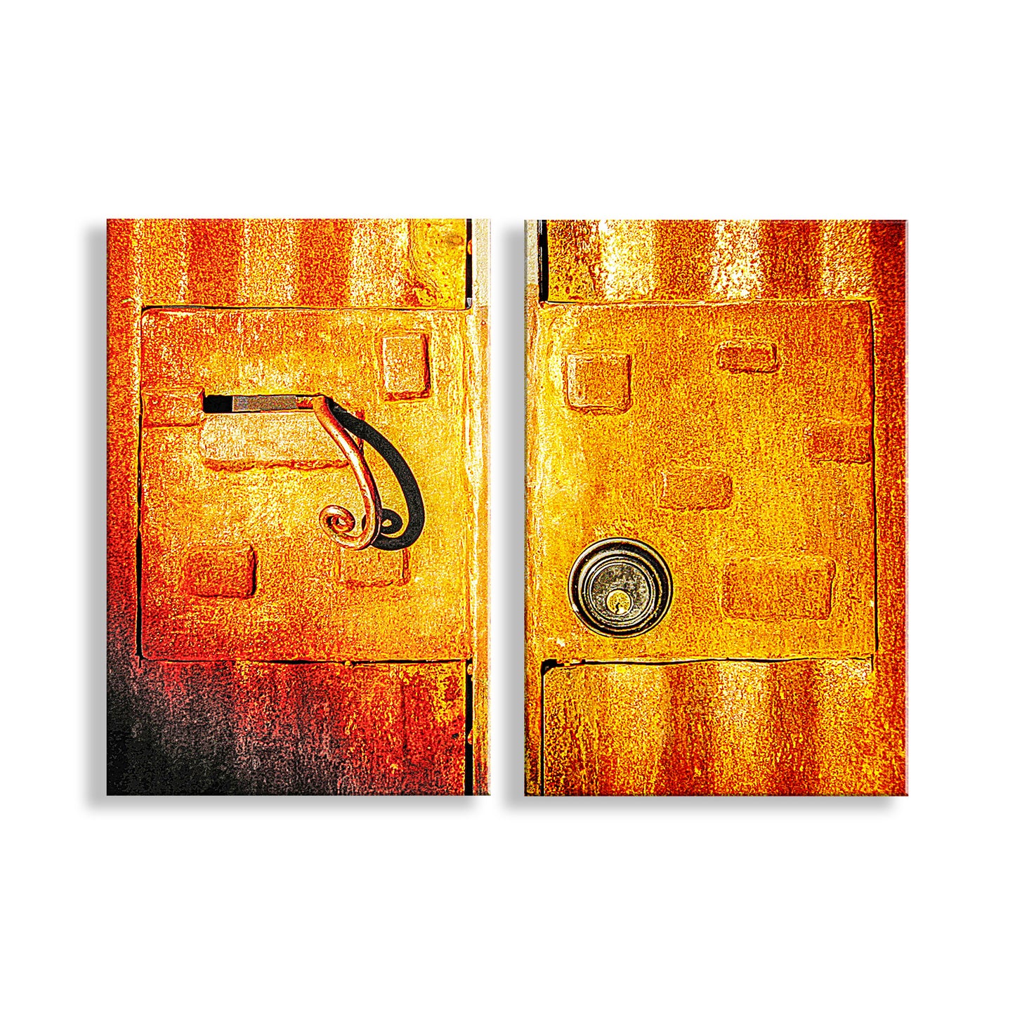 Two abstract art pieces with orange, yellow, and red colors on a white background. Funky Steampunk Industrial Art with Lock & Latch | Matched Set of 2 Prints
