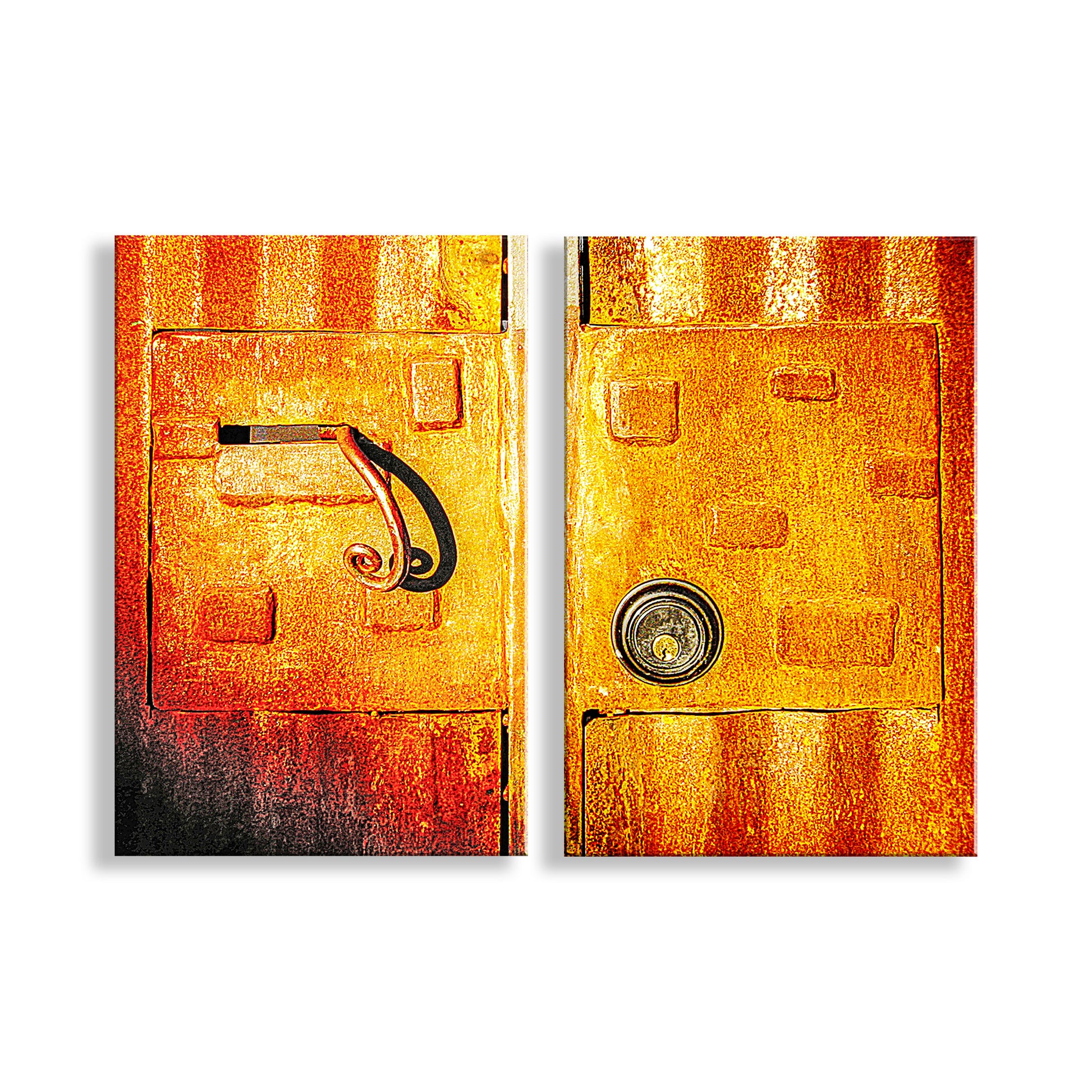 Two abstract art pieces with orange, yellow, and red colors on a white background. Funky Steampunk Industrial Art with Lock & Latch | Matched Set of 2 Prints