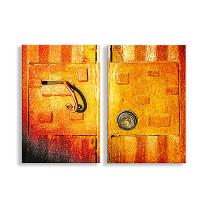 Two abstract art pieces with orange, yellow, and red colors on a white background. Funky Steampunk Industrial Art with Lock & Latch | Matched Set of 2 Prints