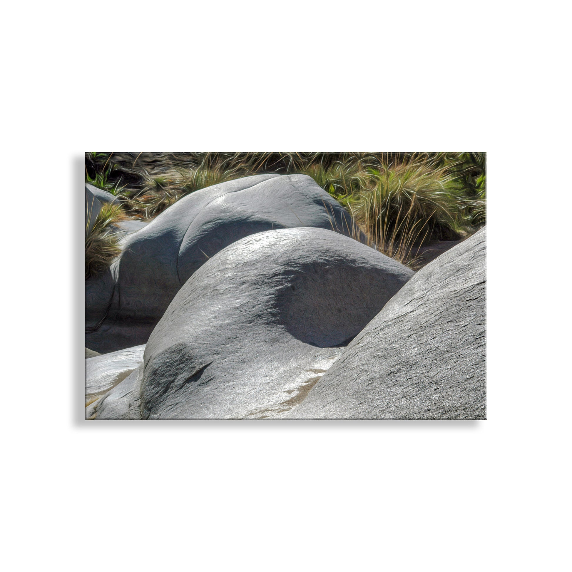 Close-up of large gray rocks with grass in the background. Madera Canyon Arizona Fine Art Nature Print with Flowstone