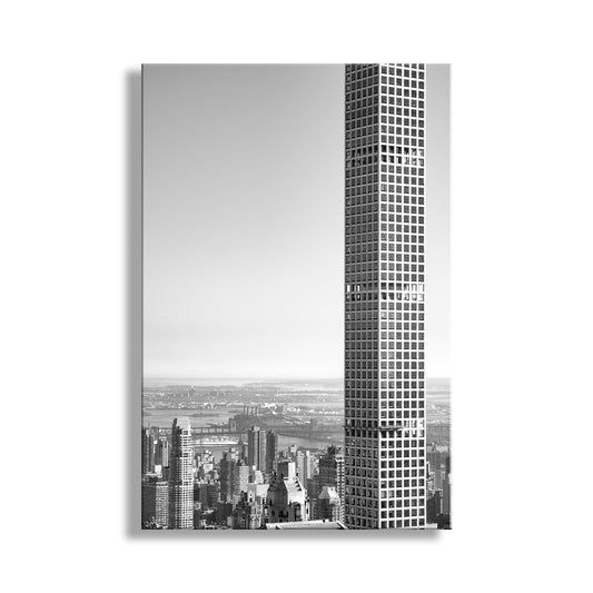 Black and white cityscape with a tall building. Manhattan Urban Art with NYC Skyscraper on Billionaires Row in Black & White