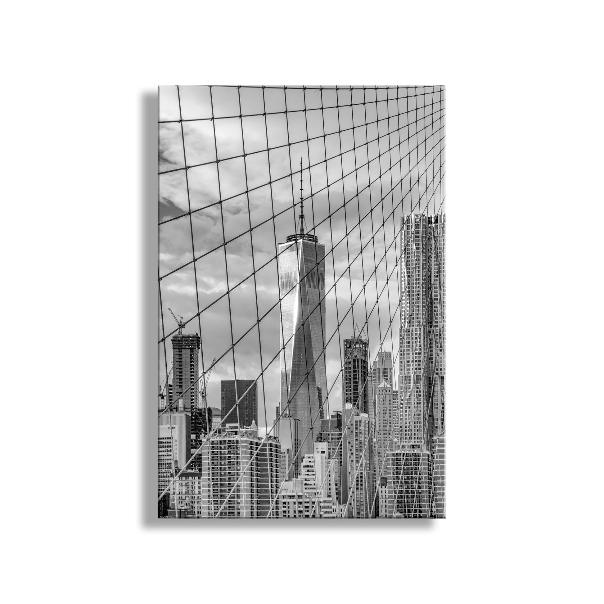 City skyline reflection in glass surface with clear sky. Brooklyn Bridge & World Trade Center New York Art Print in Black & White