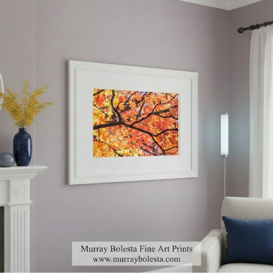 Canvas print of autumn tree branches with colorful leaves on a white background. Autumn Maple Leaf Art Print – Golden Fall Nature Photography in Santa Catalina Mountains, Tucson AZ by Murray Bolesta