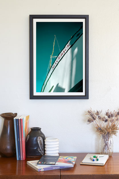 Minimalist Boat Art in Teal | Abstract Wall Decor at Crescent City California Harbor