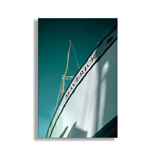 Minimalist Boat Art in Teal | Abstract Wall Decor at Crescent City California Harbor