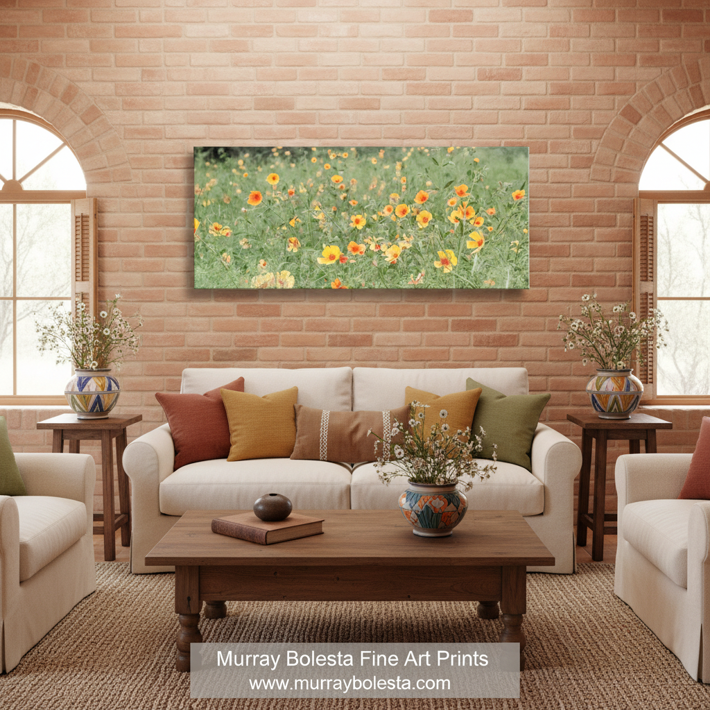 Canvas print of a field of yellow flowers with green grass on a white background. Arizona Floral Wall Art in Panorama with Mexican Gold Poppies by Murray Bolesta
