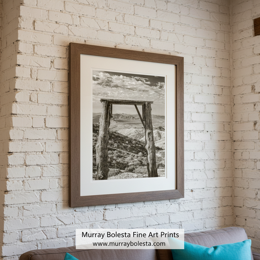 Wooden archway with a scenic landscape view on a white background, Rustic Western Dessert Landscape Art Print with Gold Mine Ruins at Sierrita Mountains Southern Arizona by Murray Bolesta