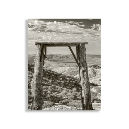 Wooden archway with a scenic landscape view on a white background, Rustic Western Dessert Landscape Art Print with Gold Mine Ruins at Sierrita Mountains Southern Arizona