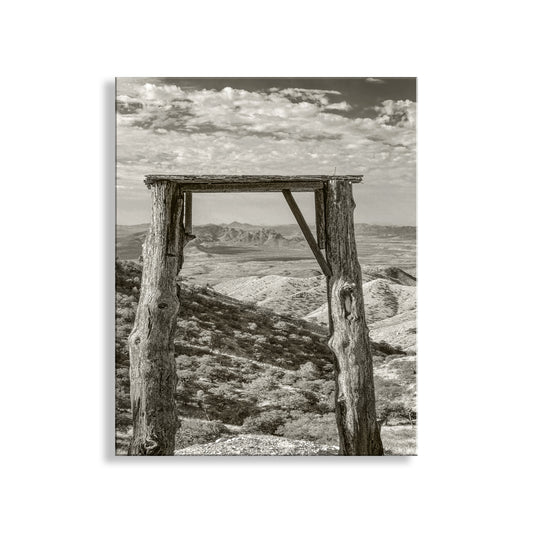 Wooden archway with a scenic landscape view on a white background, Rustic Western Dessert Landscape Art Print with Gold Mine Ruins at Sierrita Mountains Southern Arizona