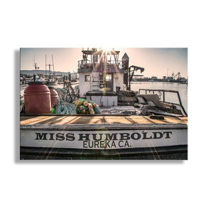 Boat named 'Miss Humboldt' with fishing equipment on a dock. Crescent City California Boat Harbor Maritime Wall Decor