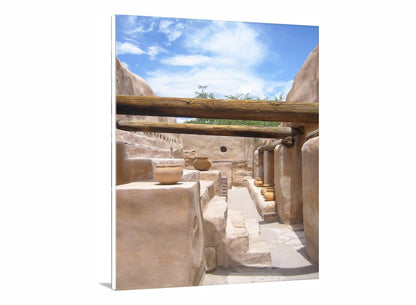 Stone ruins with wooden beams under a blue sky. Southwest Mission Photo at Tumacacori Arizona on Framed Art Print