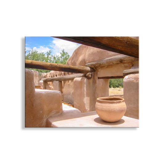 Traditional adobe architecture with wooden beams and a clay pot in a desert setting. Southwest Spanish Mission Photo Art at Tumacacori Arizona