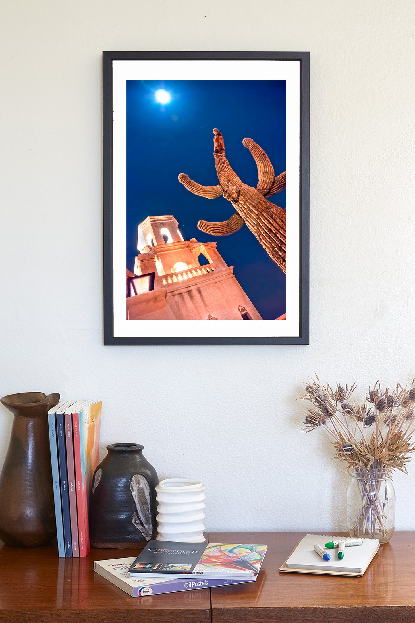 San Xavier Spanish Mission Print at Night with Cactus Moon in Tucson Arizona