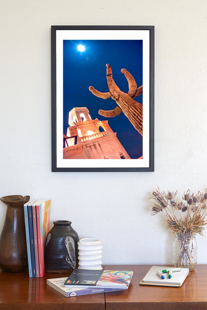 San Xavier Spanish Mission Print at Night with Cactus Moon in Tucson Arizona