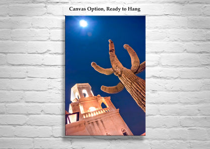 San Xavier Spanish Mission Print at Night with Cactus Moon in Tucson Arizona