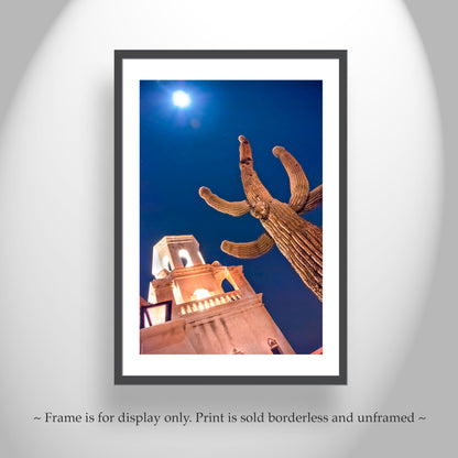 San Xavier Spanish Mission Print at Night with Cactus Moon in Tucson Arizona