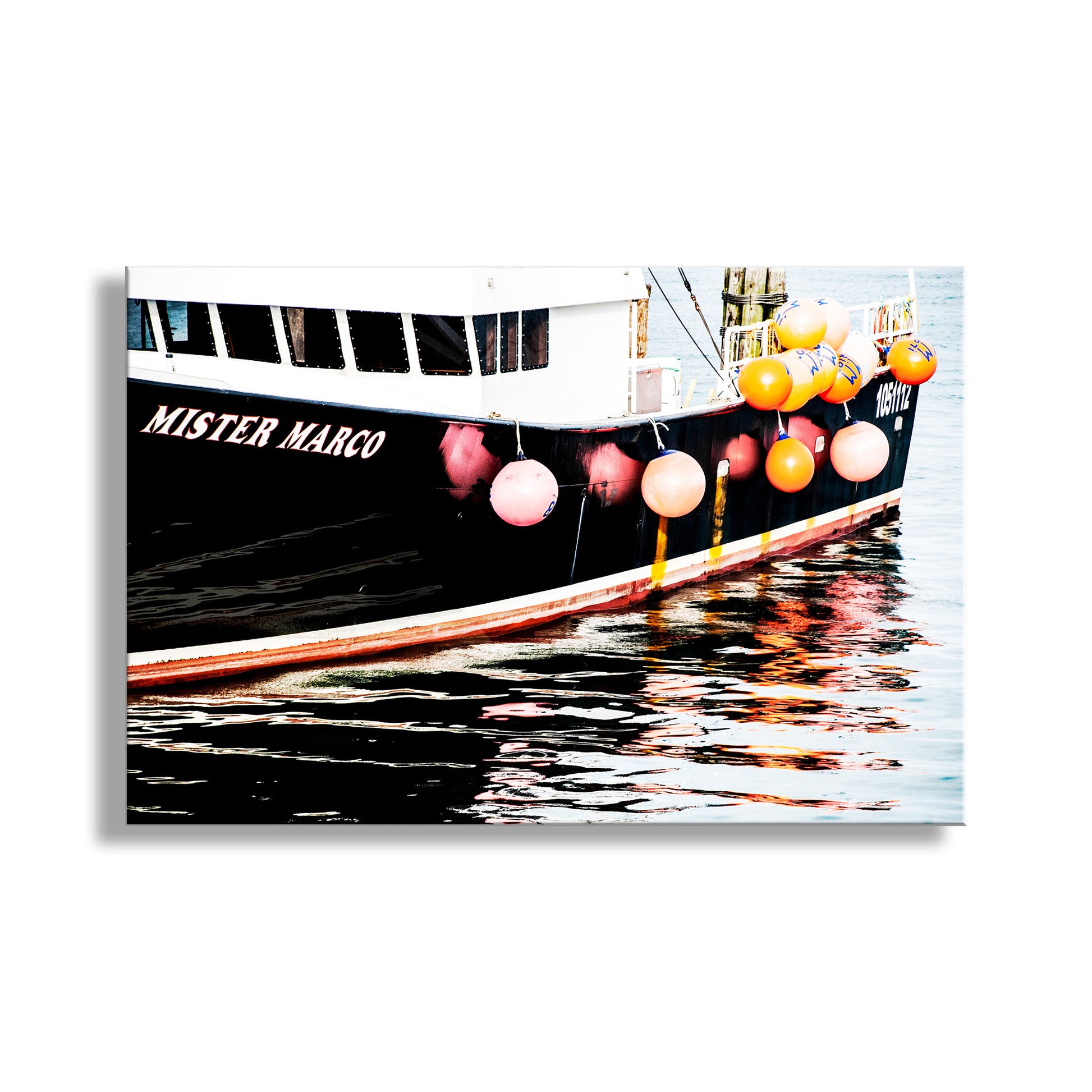 Boat named 'Mister Marco' with colorful balloons on a white background. Fishing Boat Art Print with Colorful Fenders as Rhode Island Nautical Wall Decor