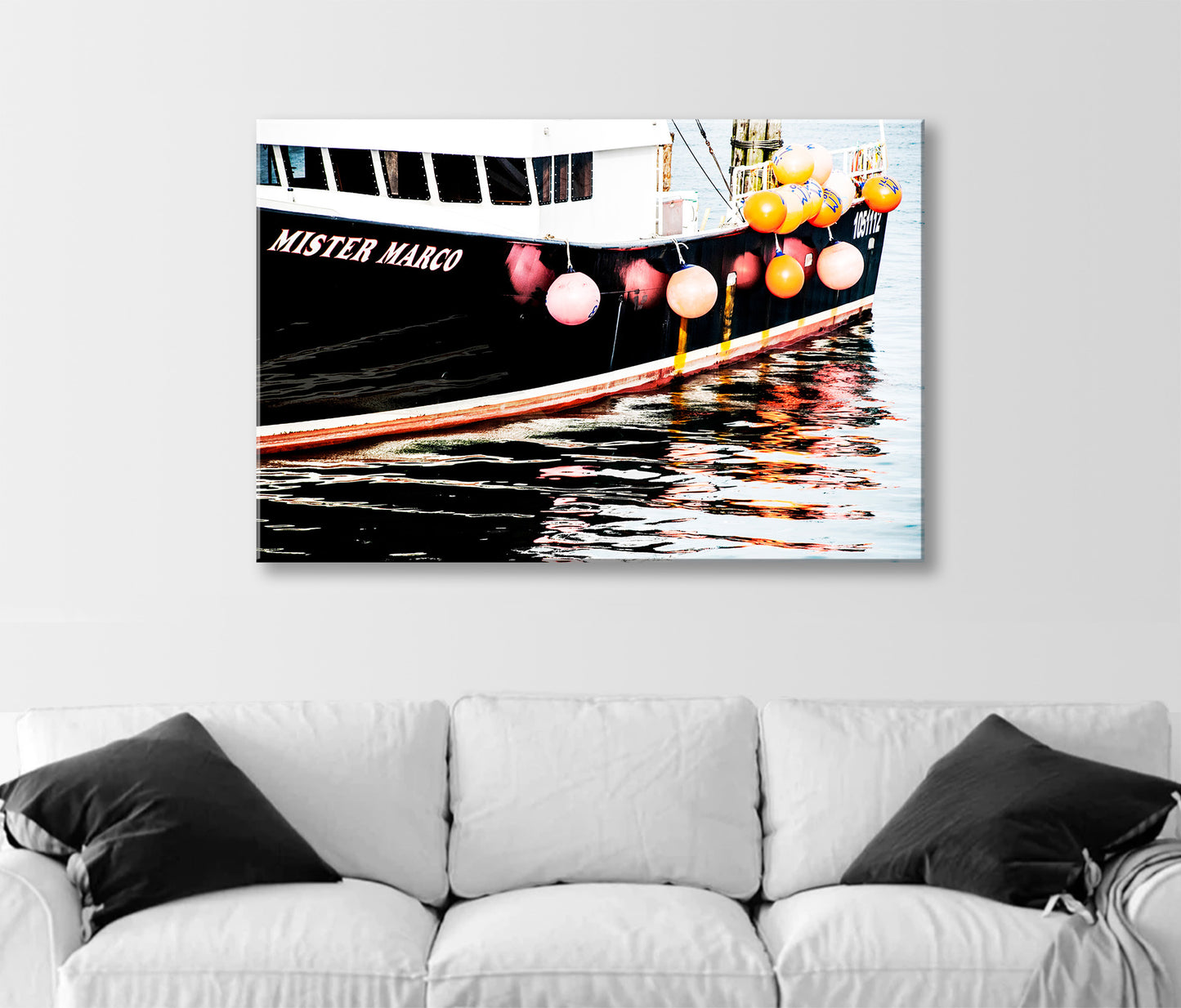 Fishing Boat Art Print with Colorful Fenders as Rhode Island Nautical Wall Decor