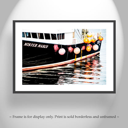 Fishing Boat Art Print with Colorful Fenders as Rhode Island Nautical Wall Decor