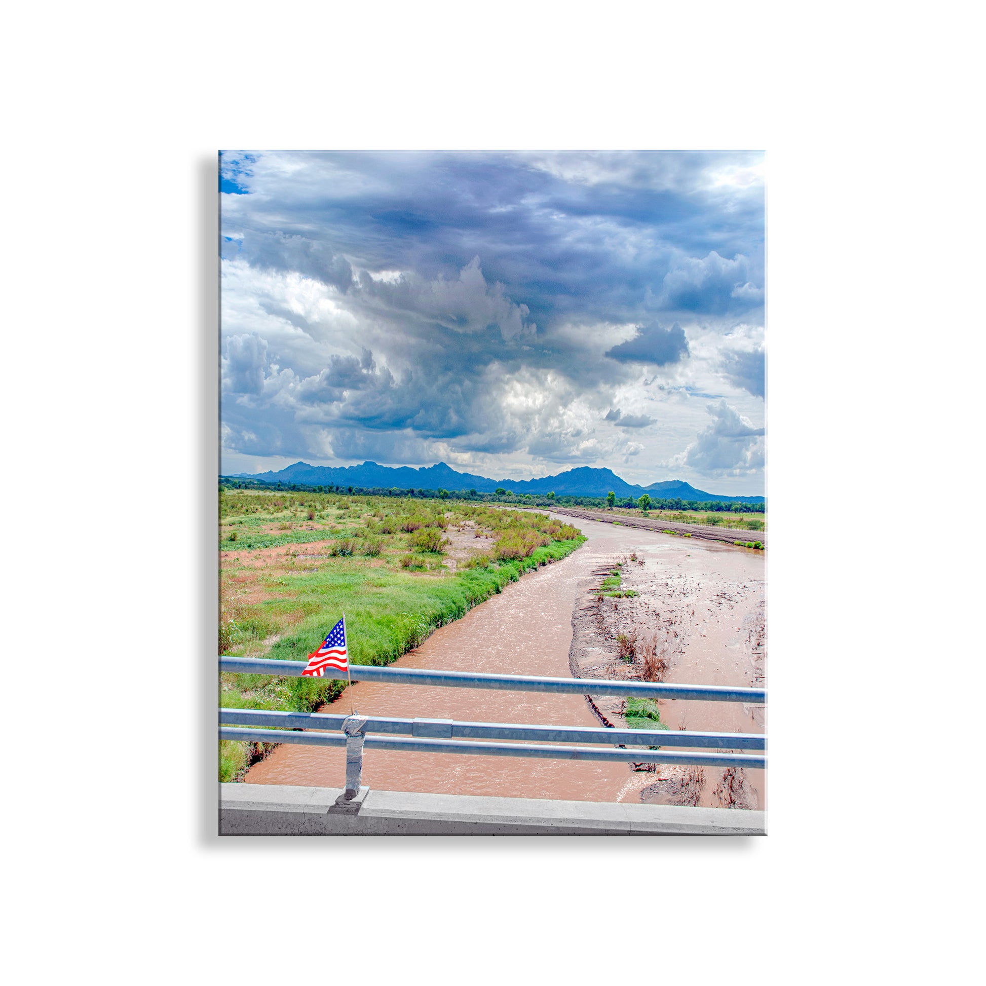 Road with American flag on a white background. Santa Cruz River Tucson Arizona Desert Monsoon Landscape Photography