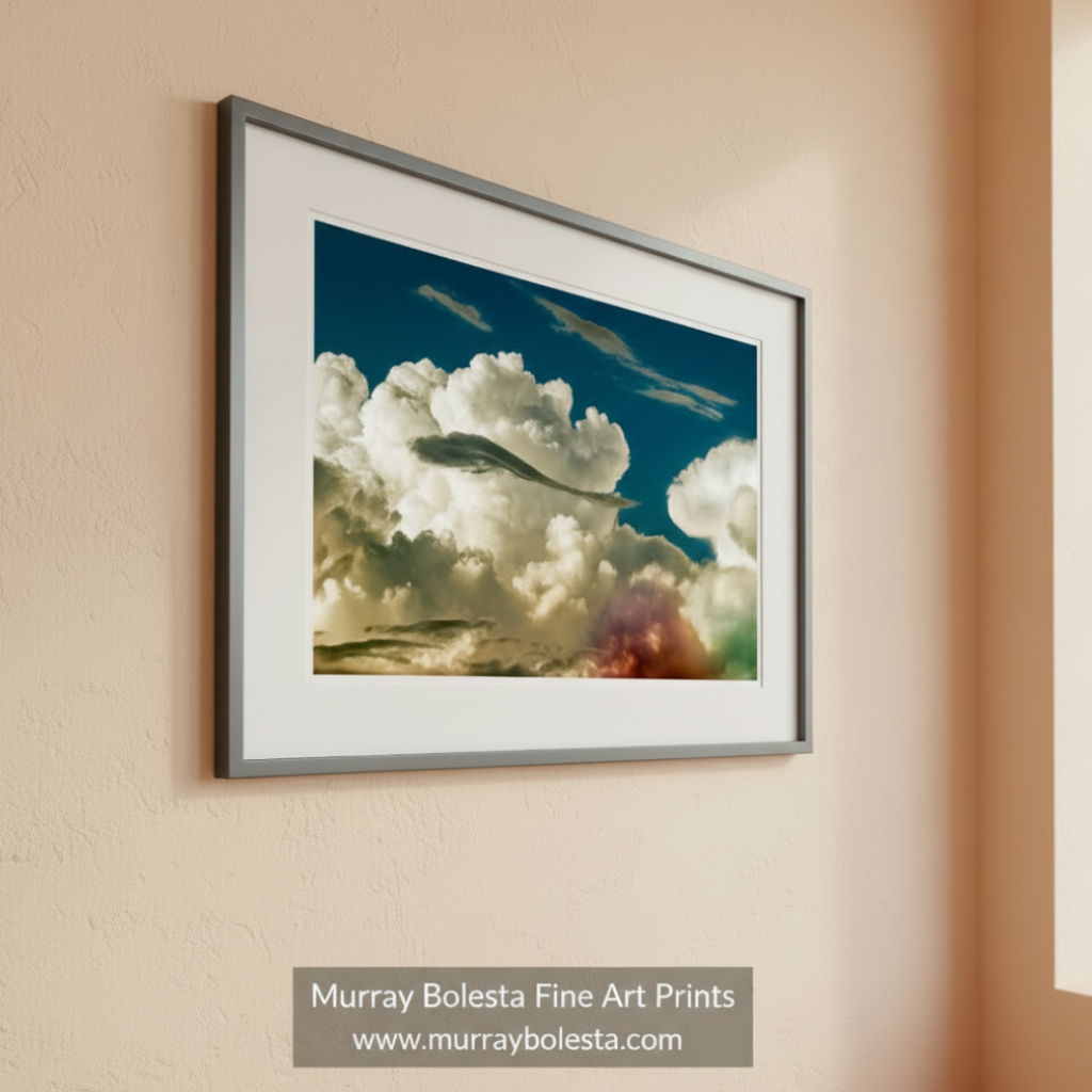 a serene sky filled with fluffy white clouds against a bright blue background. Storm Cloud Art Print - Desert Monsoon Thunderhead Photography by Murray Bolesta