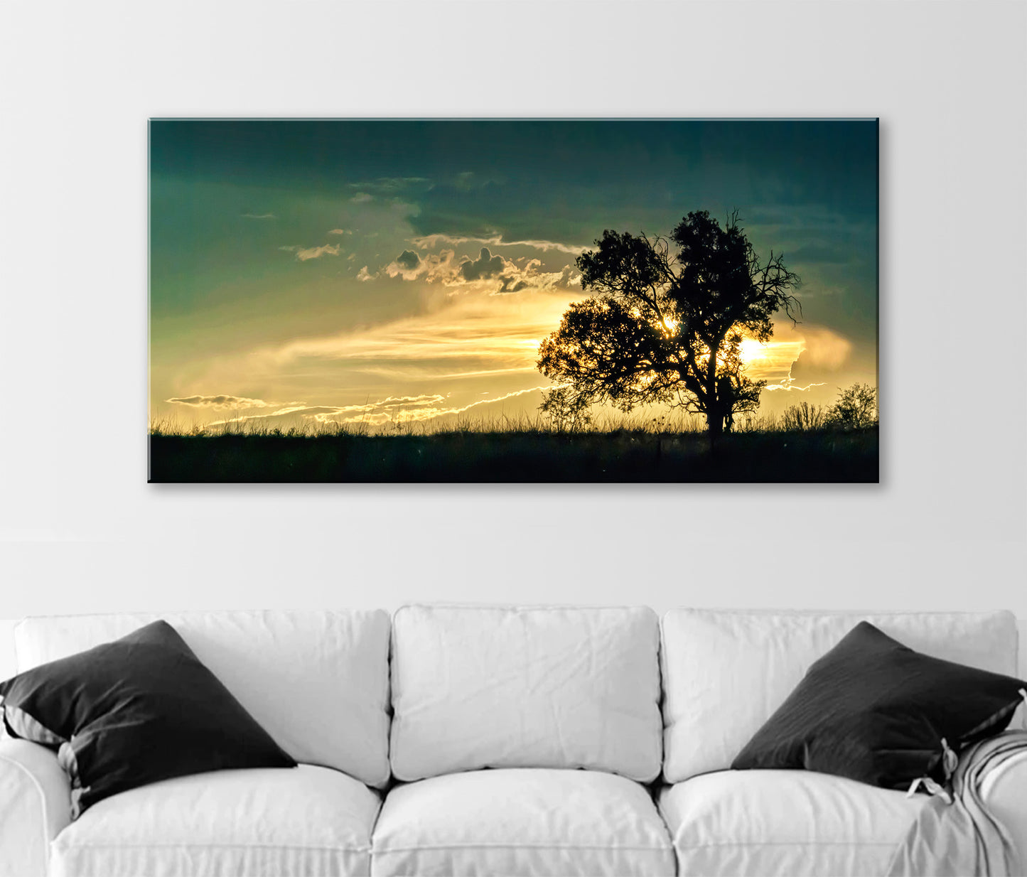 Golden Sunset Panorama Art | Oak Tree Silhouette & Arizona Monsoon