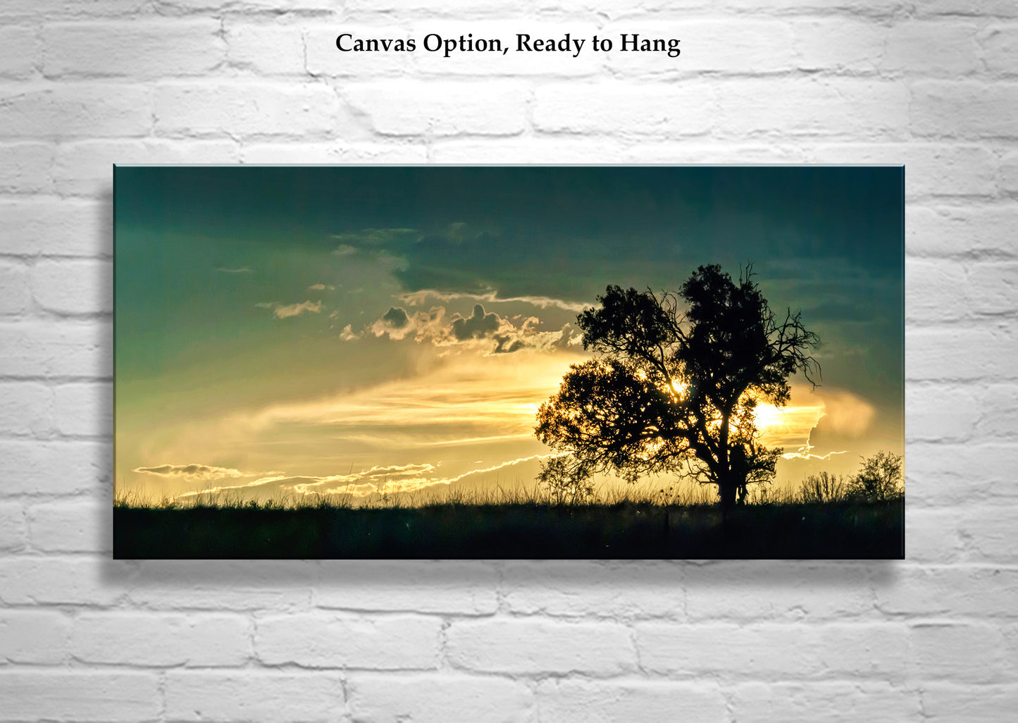 Golden Sunset Panorama Art | Oak Tree Silhouette & Arizona Monsoon
