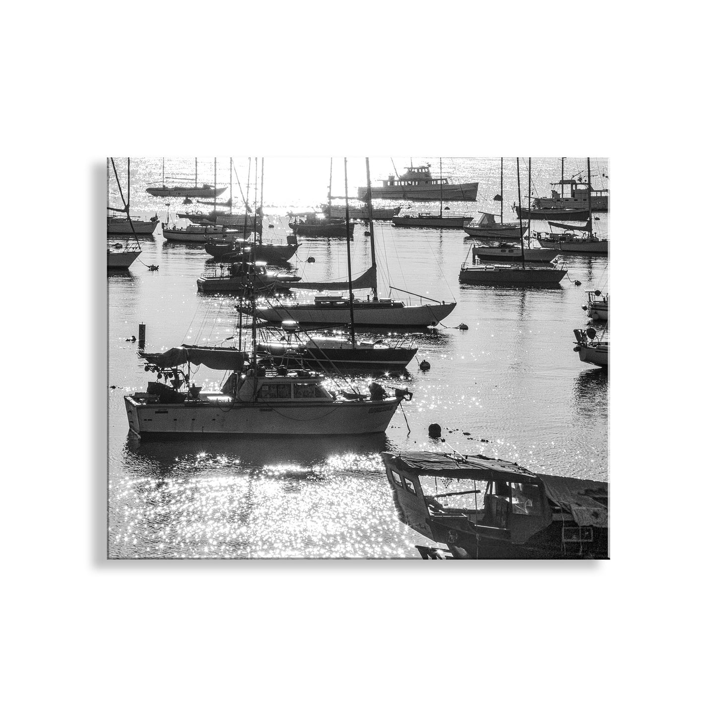 Harbor scene with boats in black and white. Monterey Bay Sailboat Art Print with California Coast Sunrise