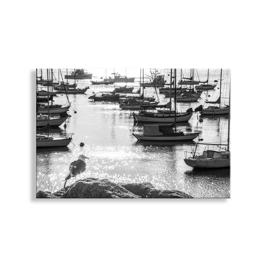 Harbor scene with boats and a person walking along the shore, black and white photo. Monterey Bay Sailing Decor with California Coast Sunrise