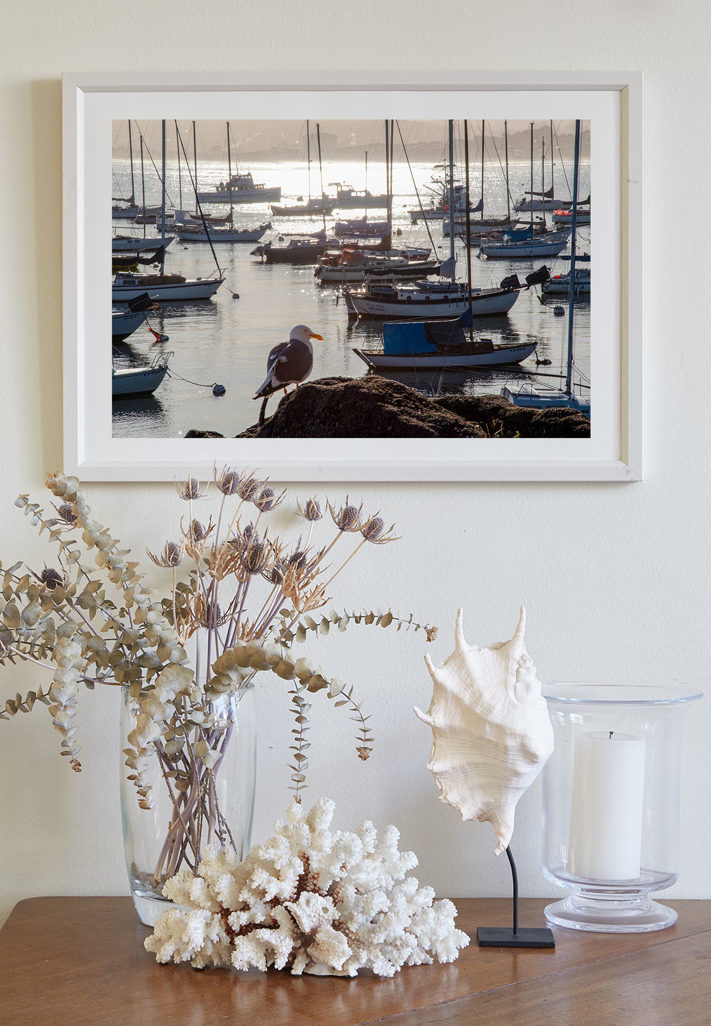 Monterey Bay Marina Art Print with Sailboats as Wall Decor | Golden Sunrise