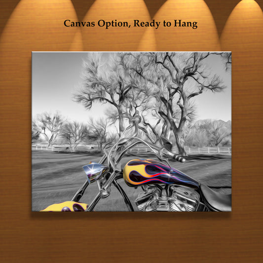 Motorcycle Art Print with Custom Show Bike in Black and White