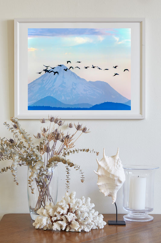 Mt Shasta in Winter with Flock of Geese | Western Mountain Landscape Art
