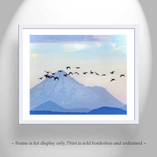Mt Shasta in Winter with Flock of Geese | Western Mountain Landscape Art