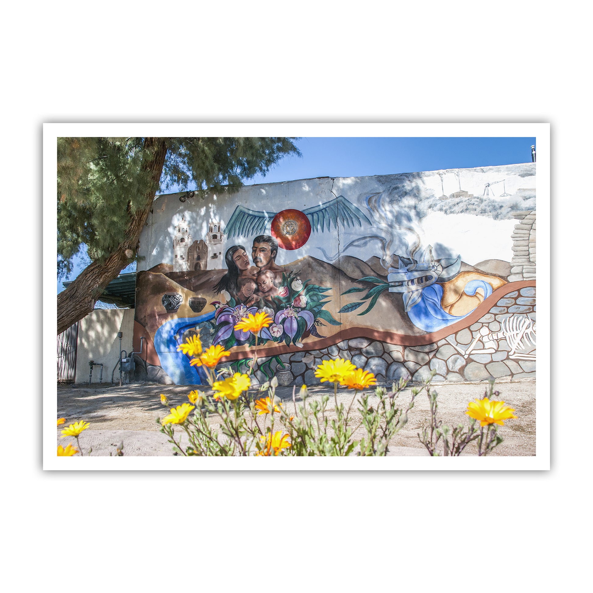 Mural on a wall with people and musical instruments, surrounded by flowers and trees. Tucson Arizona Street Photography Mural Art at Barrio Viejo | Old Pueblo