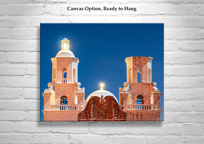 San Xavier White Dove of the Desert Spanish Colonial Church Art at Night for Christmas