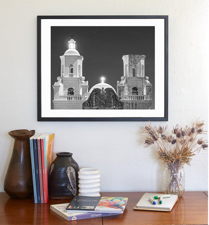 San Xavier White Dove of the Desert Spanish Colonial Church Art at Night in Black & White