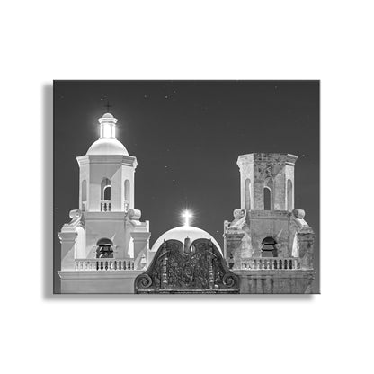 San Xavier White Dove of the Desert Spanish Colonial Church Art at Night in Black & White
