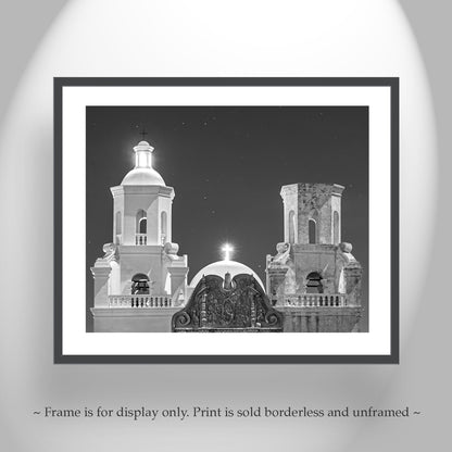 San Xavier White Dove of the Desert Spanish Colonial Church Art at Night in Black & White