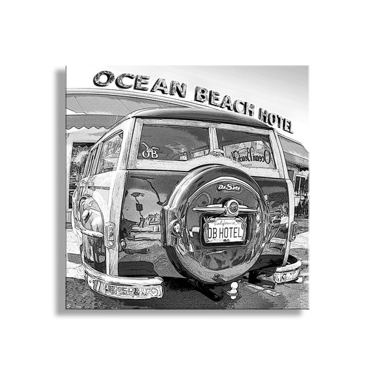 Woody Surf Wagon Picture at Ocean Beach in Black and White For Sale
