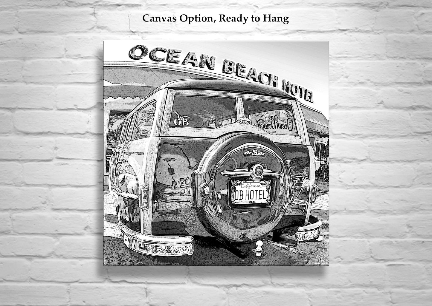 Woody Surf Wagon Picture at Ocean Beach in Black and White For Sale