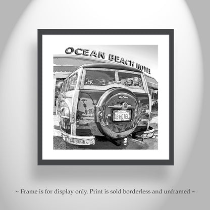 Woody Surf Wagon Picture at Ocean Beach in Black and White For Sale