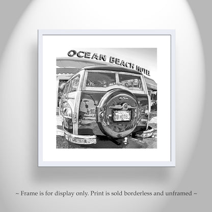 Woody Surf Wagon Picture at Ocean Beach in Black and White For Sale