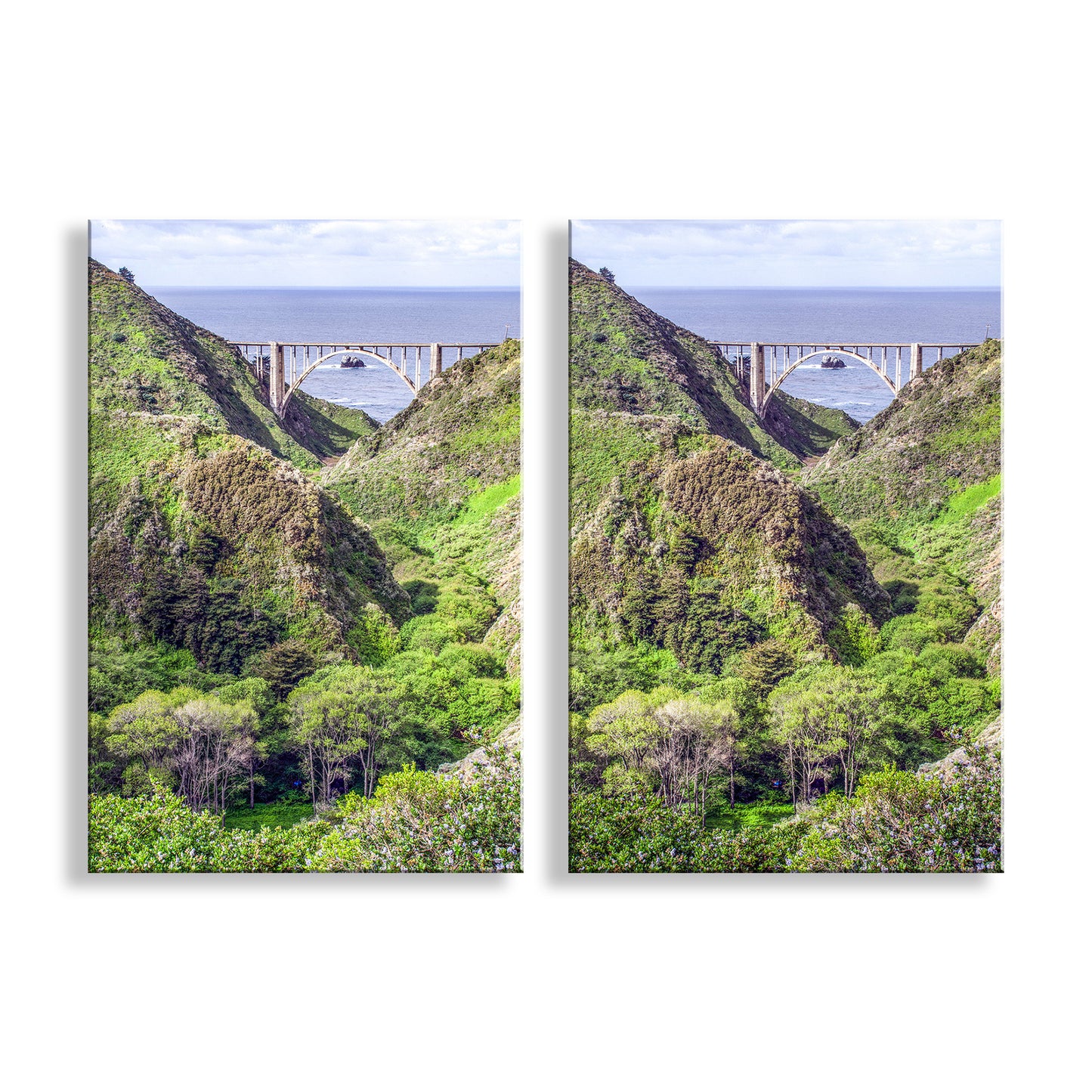 Two panels of a scenic view with a bridge over a valley. Big Sur California Bixby Creek Bridge Matched Set 2 Art Prints