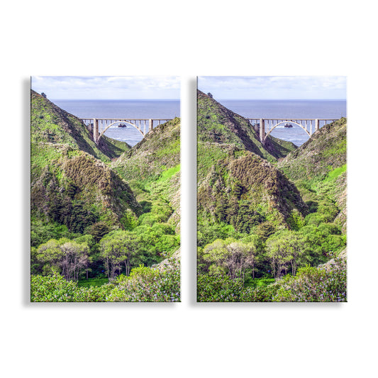 Two panels of a scenic view with a bridge over a valley. Big Sur California Bixby Creek Bridge Matched Set 2 Art Prints