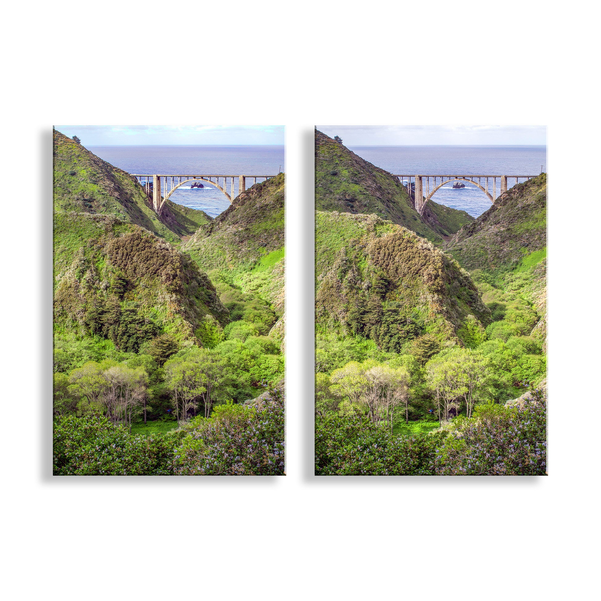 Two canvas prints of a scenic view with a bridge over a body of water, surrounded by greenery. Big Sur Coast Wall Art | Bixby Creek Bridge Photography Prints Set of 2