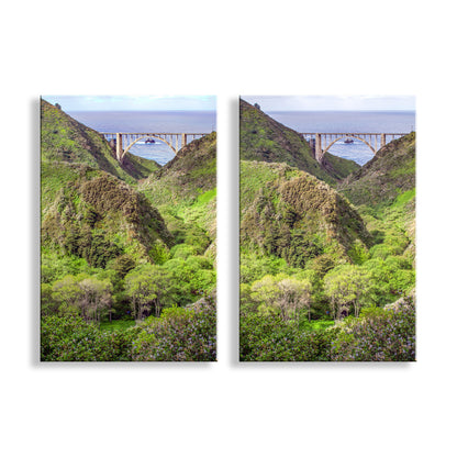 Two canvas prints of a scenic view with a bridge over a body of water, surrounded by greenery. Big Sur Coast Wall Art | Bixby Creek Bridge Photography Prints Set of 2